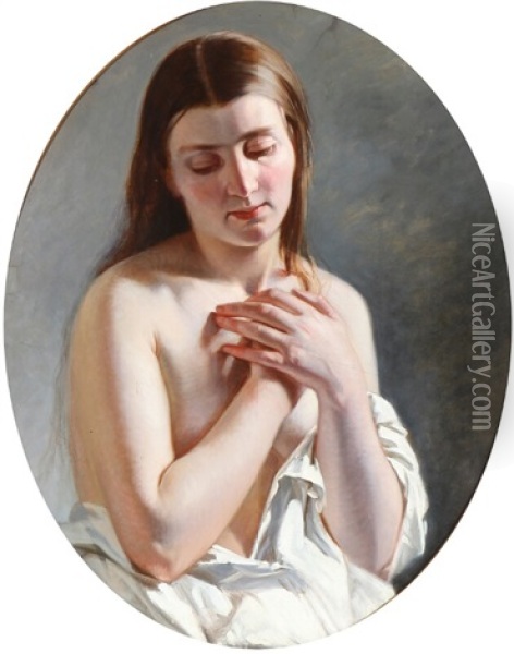 A Study Of A Young Nude Folding Her Hands Oil Painting - Elisabeth Anna Maria Jerichau-Baumann