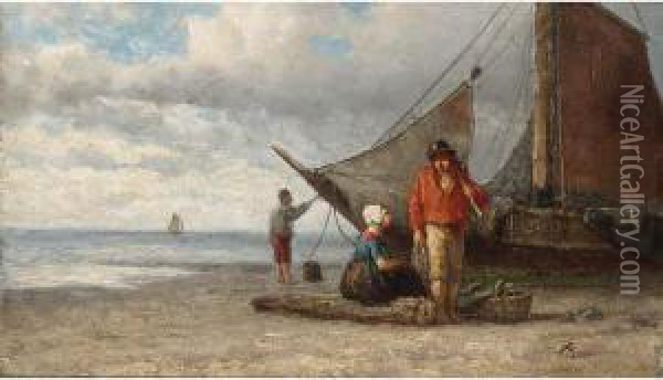 Fisherfolk On The Beach Oil Painting - Andries Scheerboom