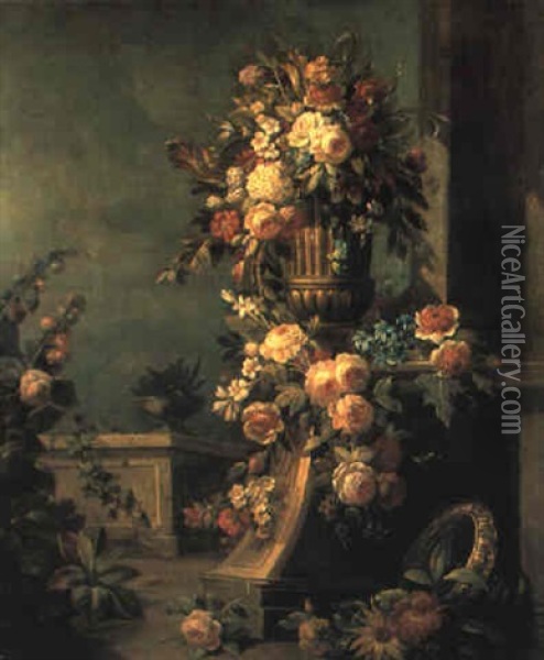 Blumenstilleben In Einem Italienischen Palastgarten Oil Painting - Gasparo Lopez