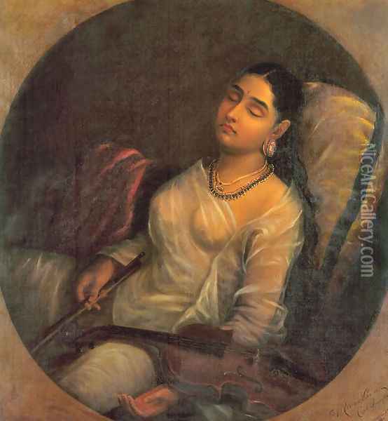 Lady Resting on the Pillow Oil Painting - Raja Ravi Varma