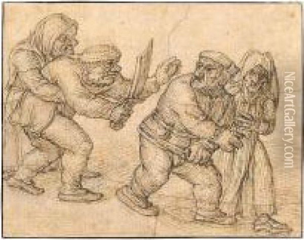Two Peasants Fighting, Their Wives Trying To Restrain Them. Oil Painting - Jan Verbeeck