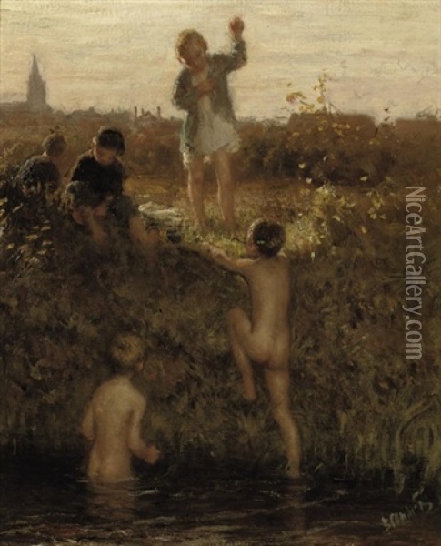 Petits Baigneurs: The Little Bathers Oil Painting - Bernardus Johannes Blommers
