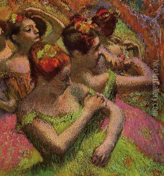 Ballerinas Adjusting Their Dresses Oil Painting - Edgar Degas