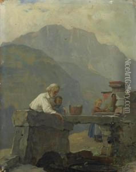 At The Well. Oil Painting - Josef Bche