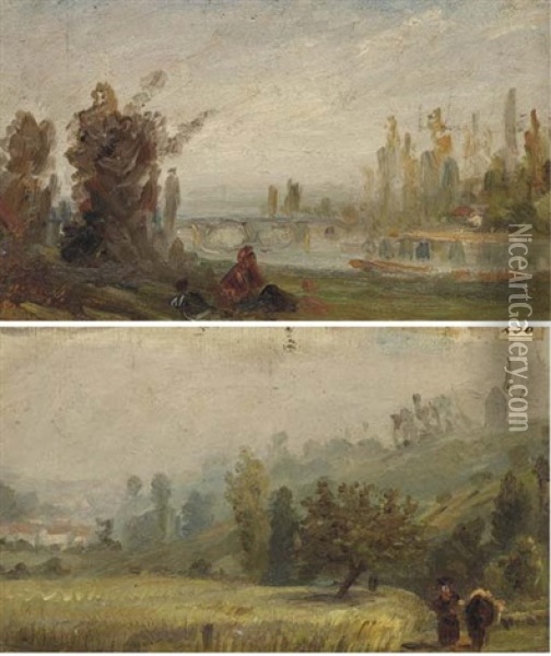 Vue De Fontenay-aux-roses (+ Un Paysage Avec Un Pont Enjambant Une Riviere Et Des Figures Au Premier Plan; 2 Works) Oil Painting - Paul Huet