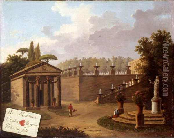 A Classical Garden Landscape With Figures, A Trompe-l'oeil Of A Playing Card In The Lower Left Hand Corner Oil Painting - Jean-Paul Lucas