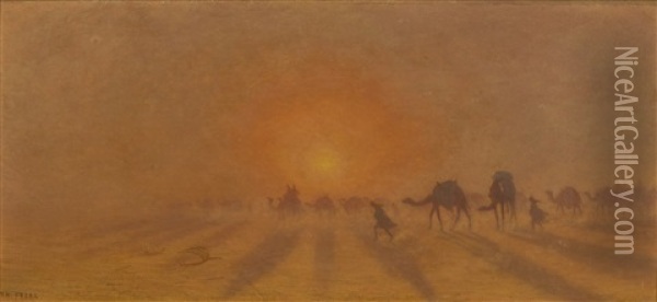 Camel Train At Dusk Oil Painting - Charles Theodore (Frere Bey) Frere