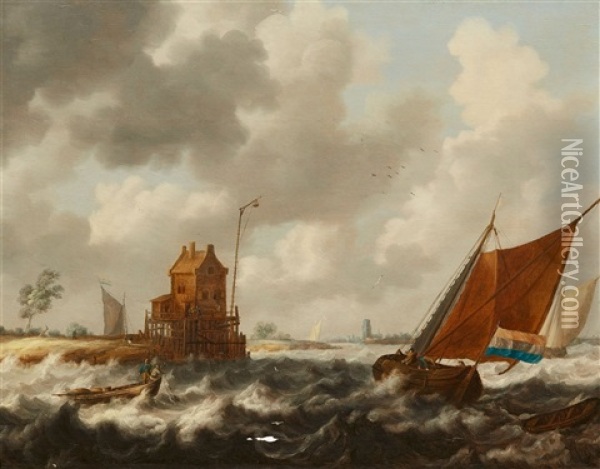 Coastal Landscape With Fishing Boats Oil Painting - Bonaventura Peeters the Elder