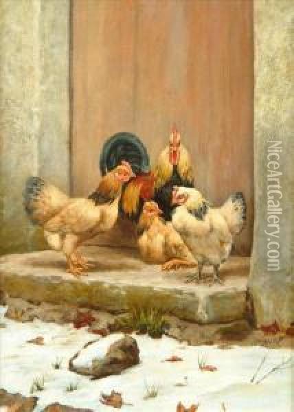 Fourchickens In Snow Oil Painting - William Baptiste Baird