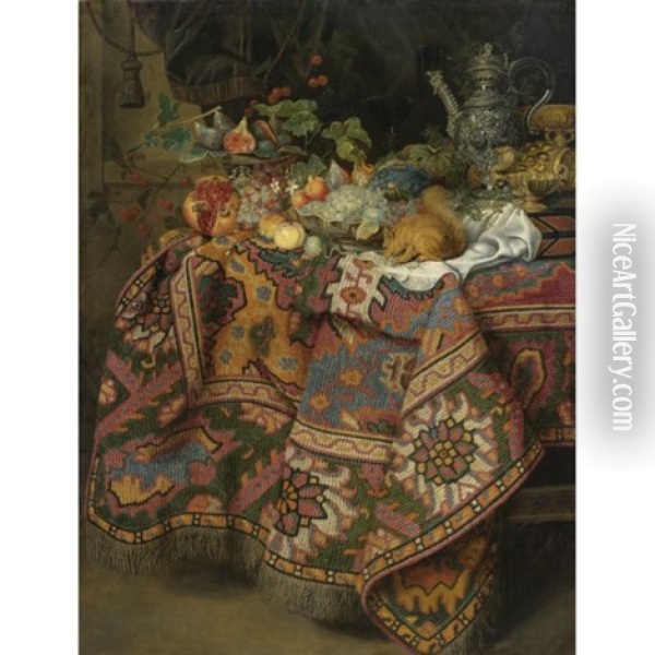 Still Life With Fruit, Gold And Silver Vessels And A Squirrel, All On A Table Covered By A Persian Rug Oil Painting - Guilliam Gabron