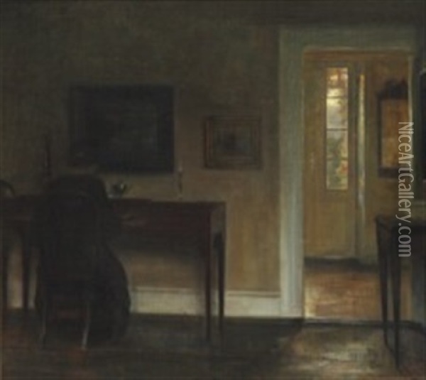 Interior With The Painter's Wife Sitting At The Piano Oil Painting - Carl Vilhelm Holsoe