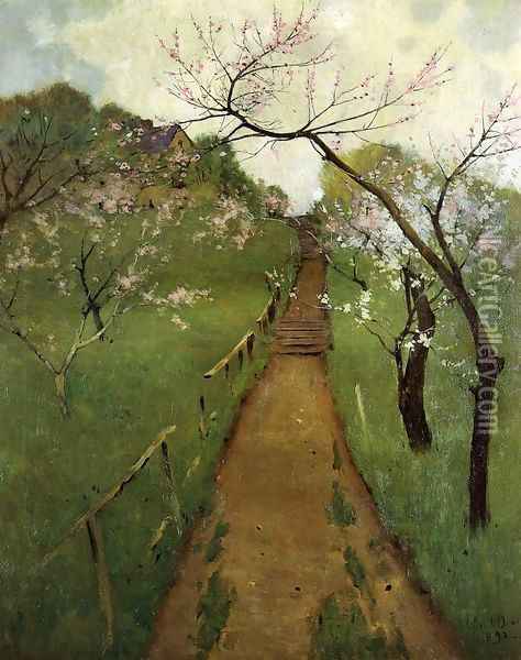 Spring Landscape with a Farmer and White Horse 1892 Oil Painting - Arthur Wesley Dow