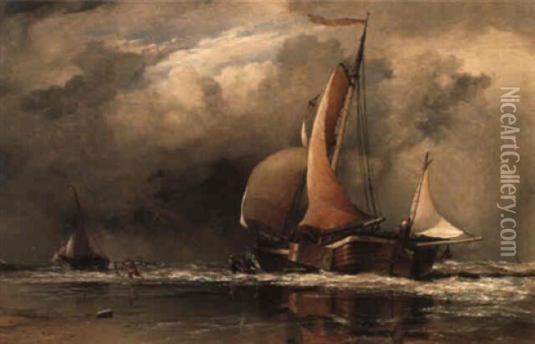On Shore For A Tide: Coast Of Holland Oil Painting - Edward William Cooke