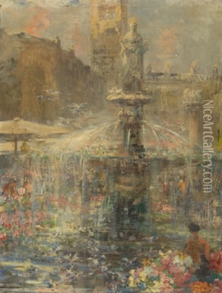 City Fountain Oil Painting - Lievin Herremans