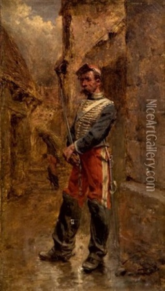 Portrait En Pied D'un Hussard De L'epoque Du Second Empire, Tenant Son Sabre Oil Painting - Wilfrid Constant Beauquesne