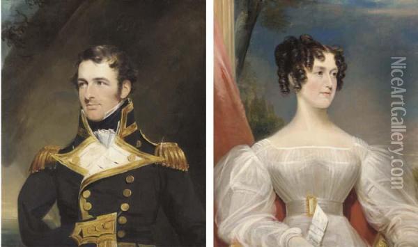 Portrait Of Rear-admiral William Bateman Dashwood, Half-length, In Naval Dress Uniform; And Portrait Of His Wife, Louisa Henrietta Dashwood, Half-length, In A White Dress, Seated Before A Landscape Oil Painting - James Lonsdale