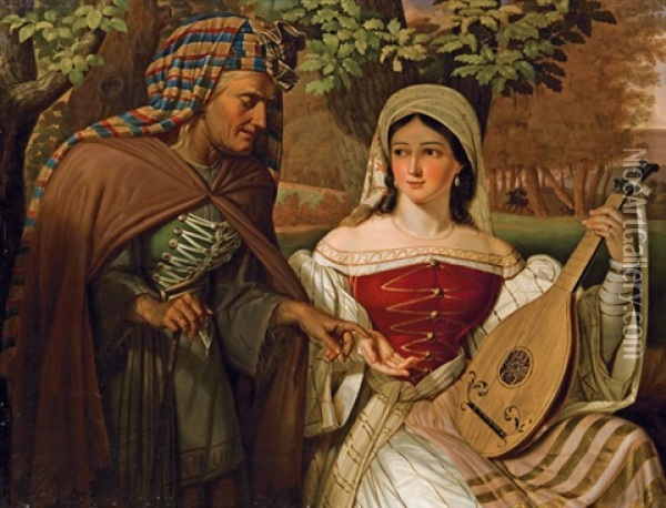Junge Frau Mit Mandoline Und Handleserin Oil Painting - Leopold Kupelwieser