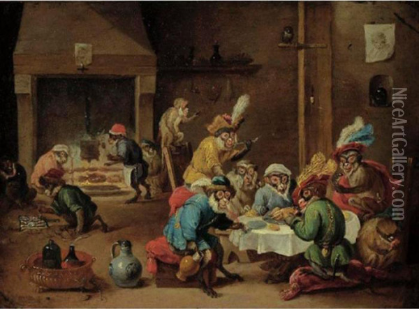 Interior With Monkeys Seated Around A Table, Others In The Background Oil Painting - David The Younger Teniers