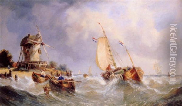 Dutch Shipping On The Scheldt Oil Painting - William Callcott Knell