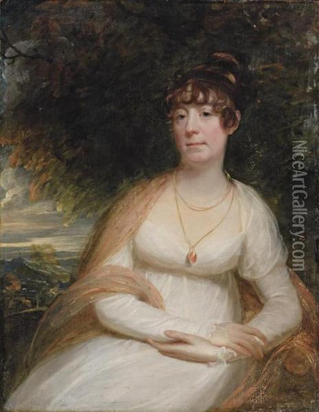 Portrait Of Josephine Sophia 
Newton, Lady Cooper,three-quarter-length, Seated, In A White Gown, With A
 Shawl Andpendant Brooch, A Landscape Beyond Oil Painting - Sir William Beechey