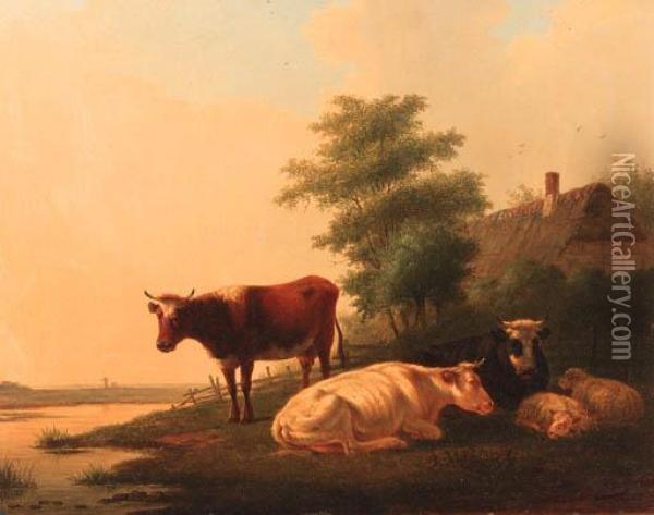 Cattle And Sheep On A Riverbank By A Farmhouse Oil Painting - Matthijs Quispel