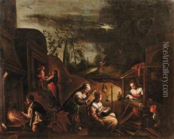 Notturno Con Donne Che Lavorano La Lana E Estasi Di S. Francesco Sullo Sfondo Oil Painting - Jacopo Bassano (Jacopo da Ponte)
