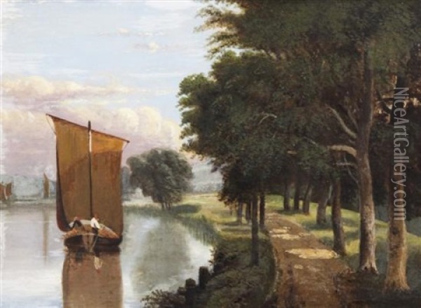 River Landscape With Sail Barge Oil Painting - Thomas Lound