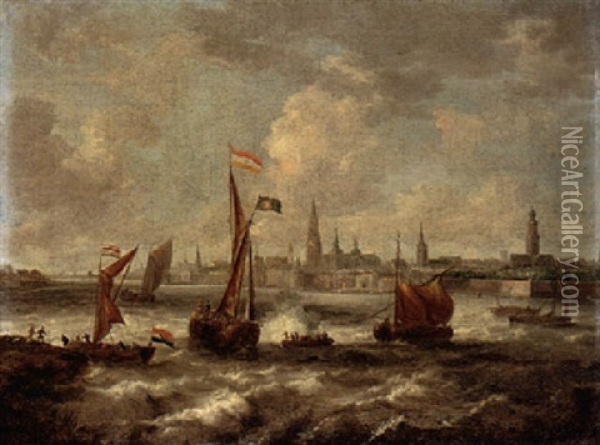 Shipping Vessels On Choppy Seas Off The Coast Of Antwerp Oil Painting - Jan Peeters the Elder
