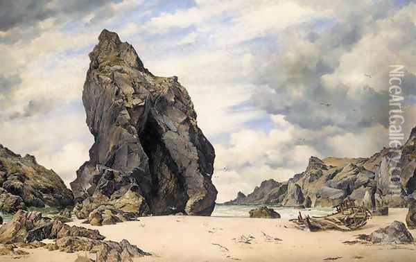 Steeple Rock, Kynance Cove, Lizard, Cornwall, Low Water Oil Painting - Edward William Cooke