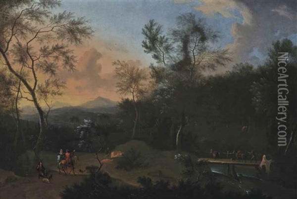 A Wooded River Landscape With Travellers On A Bridge And A Hunting Party At Rest, Mountains Beyond Oil Painting - Frederick De Moucheron