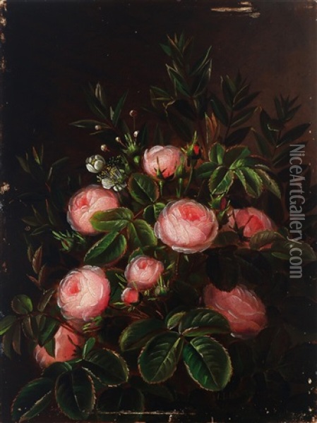 Still Life With Pink Roses Oil Painting - Johan Laurentz Jensen
