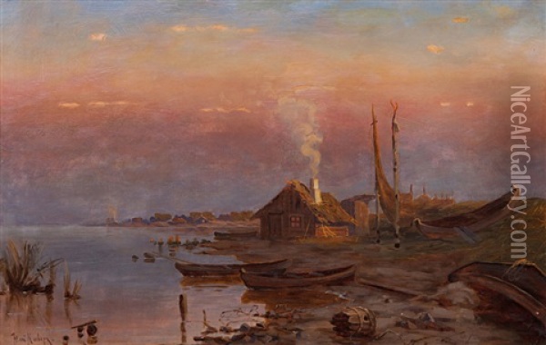 Sunrise At The Lake Oil Painting - Yuliy Yulevich (Julius) Klever