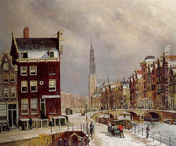 The Prinsengracht, Amsterdam, In Winter With The Westerkerk Beyond Oil Painting - Oene Romkes De Jongh