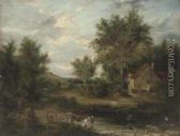 A Wooded River Landscape With Figures In The Foreground, A Cottage Beyond Oil Painting - Edward Jr Williams