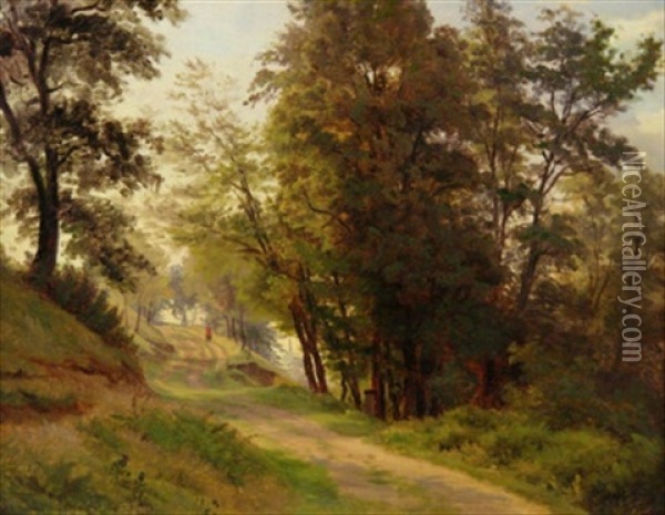 Spaziergang. Waldweg Mit Einsamem Flaneur Oil Painting - Karl Peter Burnitz