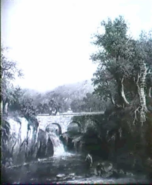 Welsh River Landscape With Figures Crossing A Bridge Oil Painting - Richard Hume Lancaster