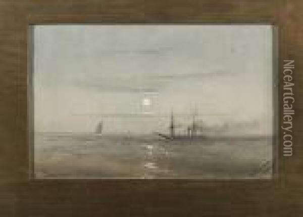 Steamer On Moonlit Tranquil Waters Oil Painting - Ivan Konstantinovich Aivazovsky