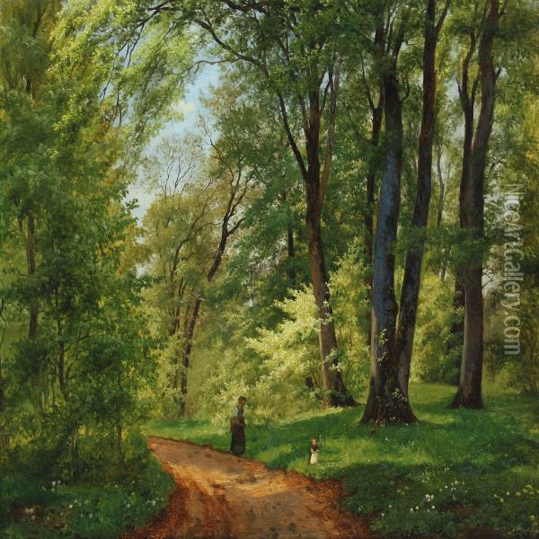 Forest Scenery With Mother And Child Picking Flowers Oil Painting - Axel Thorsen Schovelin