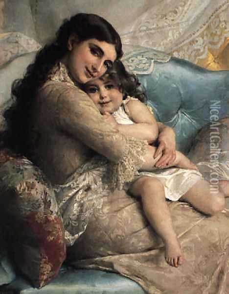 Portrait Of A Mother And Daughter Oil Painting - Emile Munier