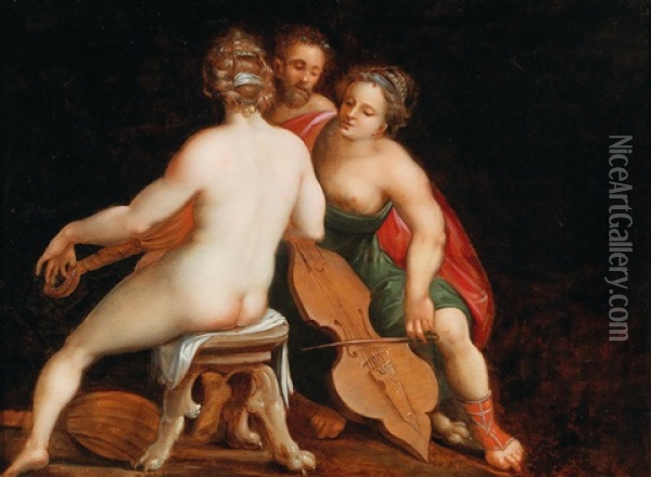 Two Naked Music-making Women Enthrall An Old Man Oil Painting - Louis de Caullery