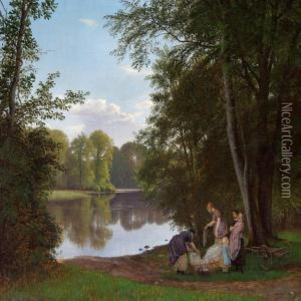 Quiet Summer Evening At A Lake In The Forest Oil Painting - Peter Christian T. Skovgaard