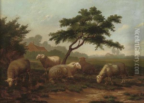 Sheep Grazing Before A Farmstead Oil Painting - Eugene Joseph Verboeckhoven