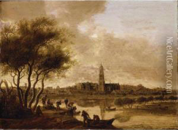 A View Of Rhenen Seen From The 
South Bank Of The Nederijn, Fishermen Unloading Their Catch In The 
Foreground Oil Painting - Anthony Jansz. Van Der Croos