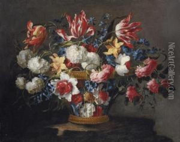 Snowballs, Daffodils, Tulips, Roses And Other Flowers In A Wicker Basket On A Ledge Oil Painting - Juan De Arellano