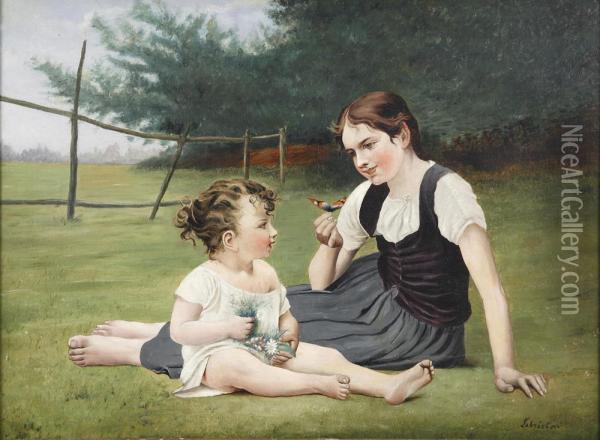 Jeune Mere Au Papilllon Et Son Enfant Oil Painting - Timoleon Marie Lobrichon