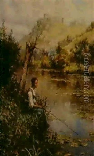 Woman Fishing Oil Painting - Louis Aston Knight