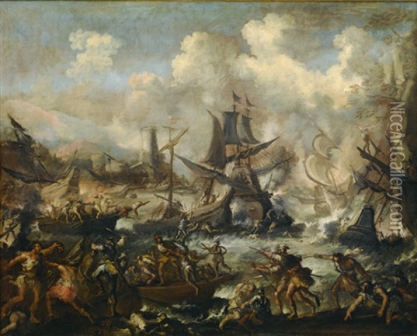 Seeschlacht / Battaglia Navale Oil Painting - Antonio Maria Marini