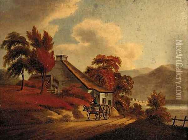 A figure riding a horse and trap outside a cottage, a mountainous lake landscape beyond; and Another similar Oil Painting - Irish School