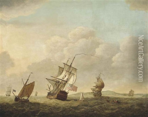 A Royal Navy Fourth Rate Heeling In The Breeze Off Plymouth Sound As She Heads Down The Channel With Other Warships And Coastal Craft Nearby Oil Painting - Charles Brooking