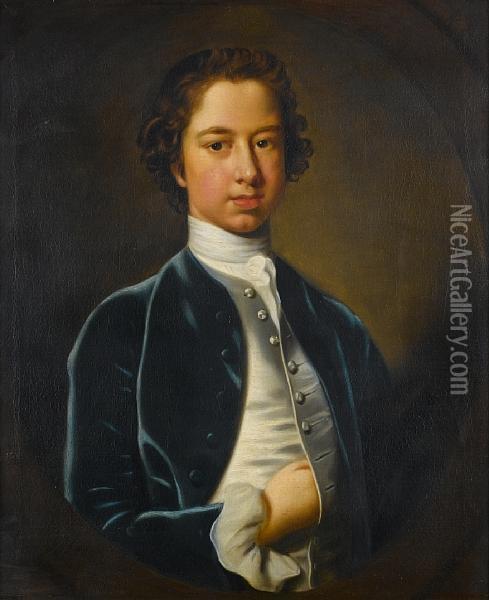 Portrait Of A Young Boy, In A Blue Velvet Coatwith A White Satin Waistcoat, Within A Painted Oval Oil Painting - Francis Hayman